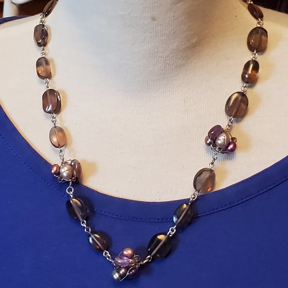 Sigrid Olsen Silver Tone Glass and Pearl Cluster Strand Necklace Casual Women